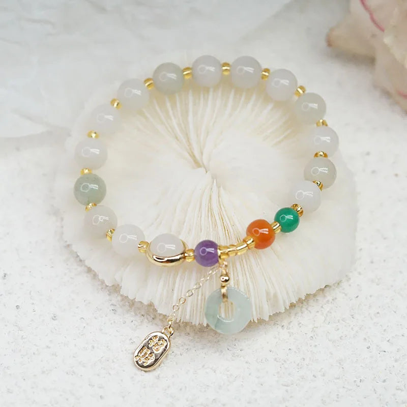 Vintage Natural Jade Agate Beaded Strand Bracelets Round Jade Pendant Jewelry