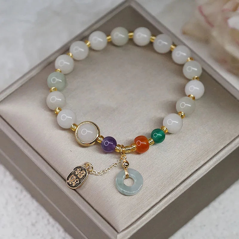Vintage Natural Jade Agate Beaded Strand Bracelets Round Jade Pendant Jewelry
