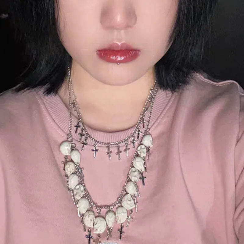 Gothic Skull Halloween Necklace for Women Double Sweater Chain