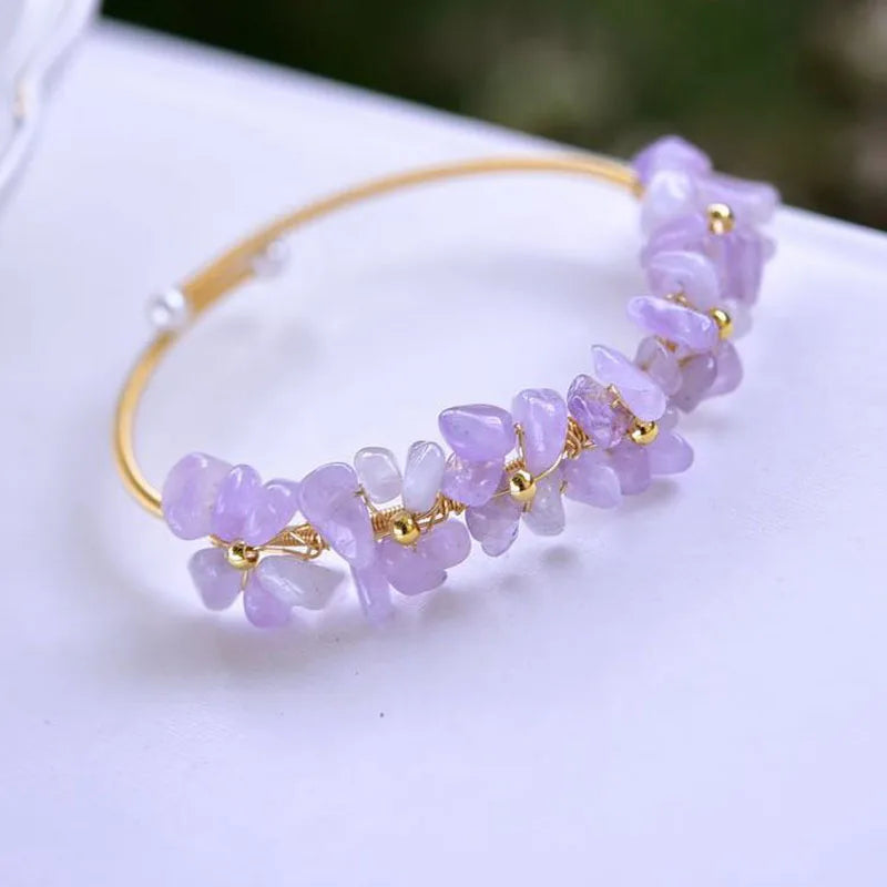 Amethysts Bracelet Layers Beaded Purple Crystal Flower Charm Bangle