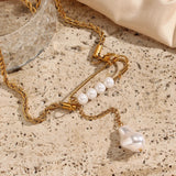 Paper Clip Chain Pearl Necklace Stainless Steel