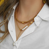 Paper Clip Chain Pearl Necklace Stainless Steel