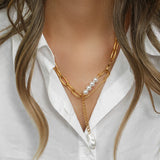 Paper Clip Chain Pearl Necklace Stainless Steel