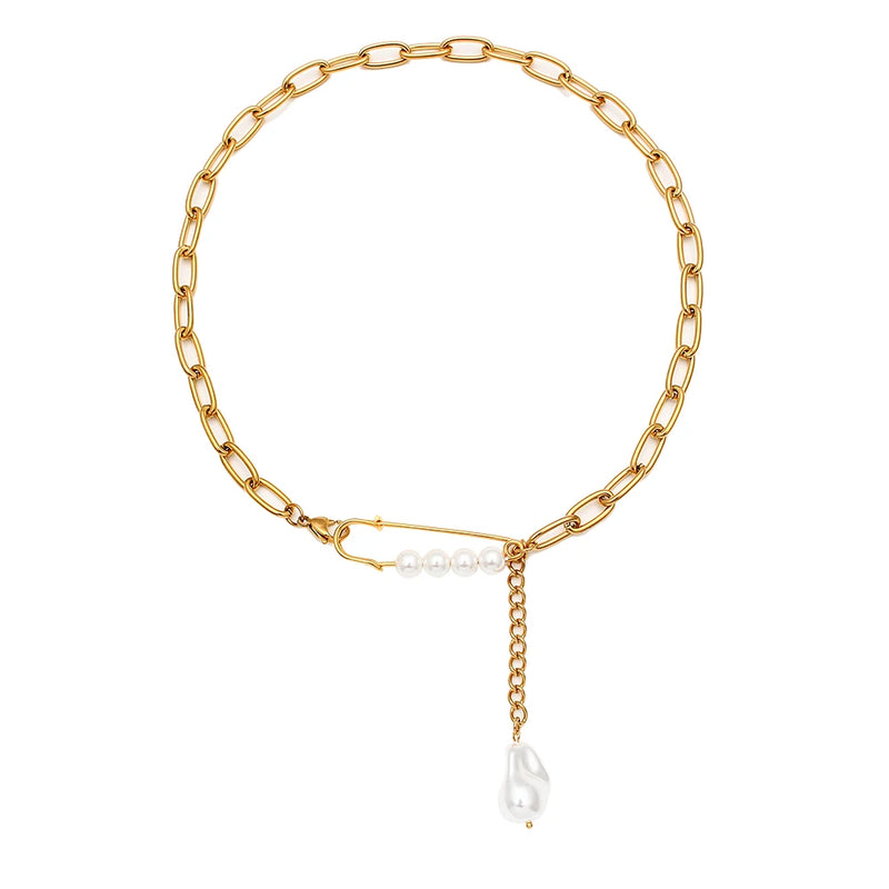 Paper Clip Chain Pearl Necklace Stainless Steel