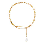 Paper Clip Chain Pearl Necklace Stainless Steel