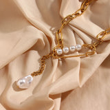 Paper Clip Chain Pearl Necklace Stainless Steel