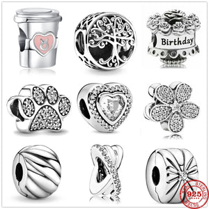 Heart Daisy Life Tree Dog Paw Coffee Cup Pendant Charms Silver Bracelet