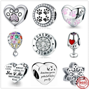 Forever Family Paw Wine Balloon Charm Pendant Beads for 925 Silver Bracelet