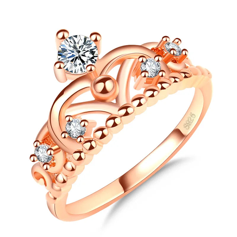 Royal Queen Crown CZ Rose Wedding Engagement Ring