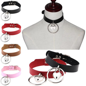 Punk PU Leather Heart Lock Collar Choker Necklace