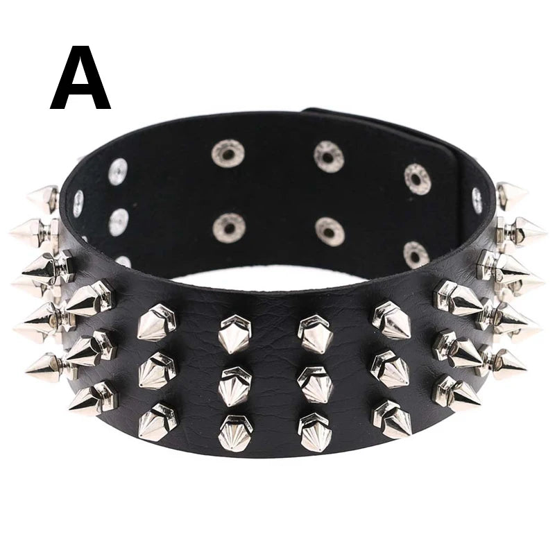 Punk PU Leather Lock Key Heart Round Spike Rivet Collar Studded Choker Necklace