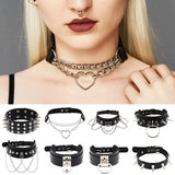 Punk PU Leather Lock Key Heart Round Spike Rivet Collar Studded Choker Necklace