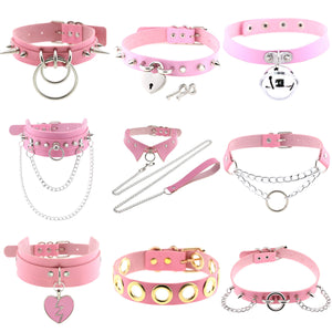 Punk Pink PU Leather Choker Necklaces Spike Rivet Collar Studded Gothic Chains