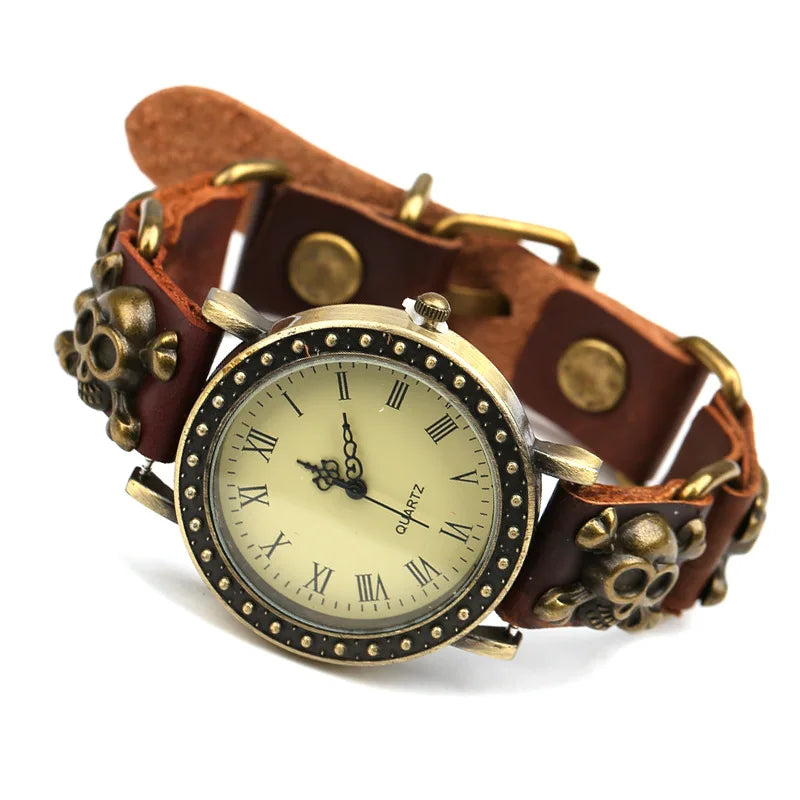 Punk's Retro Skull Cowhide Watch Adjustable Link Bracelet