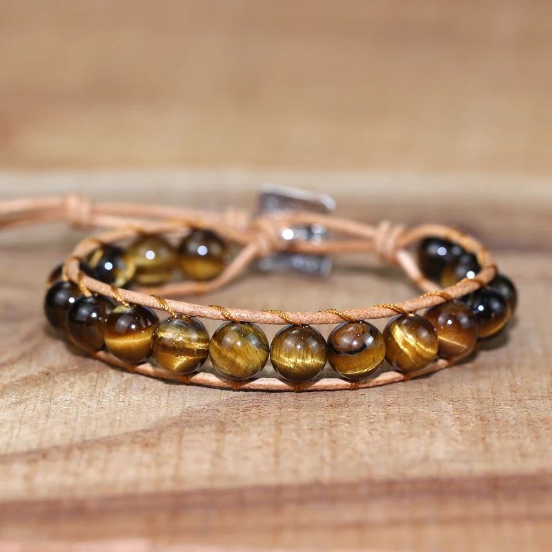Vintage Leather Wrap Bracelet Tiger Eye Stone Single Wrap