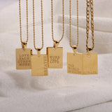 Stainless Steel Inspirational Necklace Engraved Square Pendant Beads Chain