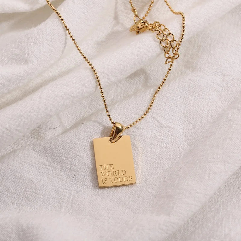 Stainless Steel Inspirational Necklace Engraved Square Pendant Beads Chain