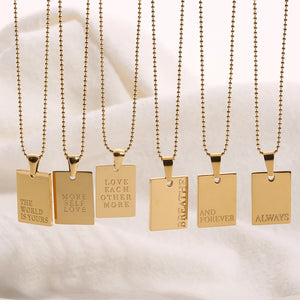Stainless Steel Inspirational Necklace Engraved Square Pendant Beads Chain