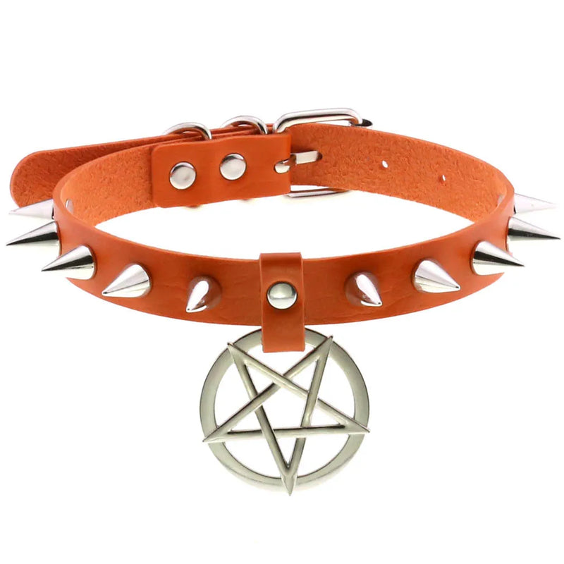 Summer Punk Orange PU Leather Necklace Goth Spike Choker