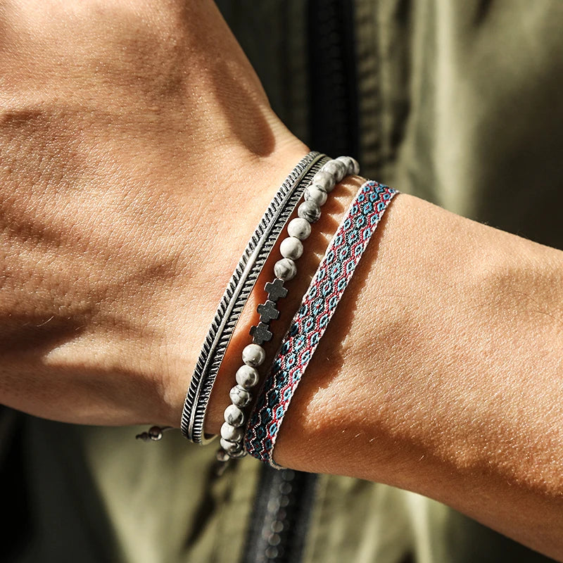 Tibetan Buddhism Rope Bracelet Silver Cuff Bohemian Stone Beads