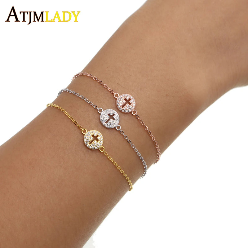 Small Cross Charm Micro Pave Clear Cz 925 Sterling Silver Bracelet