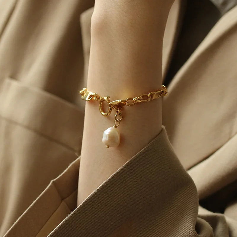 Baroque Natural Pearl Retro Brass Plating Thick Chain Bracelet
