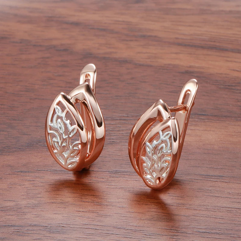 Vintage 585 Rose Glossy Drop Earrings Hollow Clip Fine Jewelry