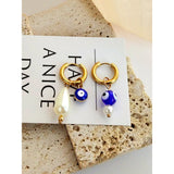 Evil Eye Stainless Steel Earrings for Women Asymmetry Pearl Round Hoop Earring