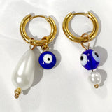 Evil Eye Stainless Steel Earrings for Women Asymmetry Pearl Round Hoop Earring