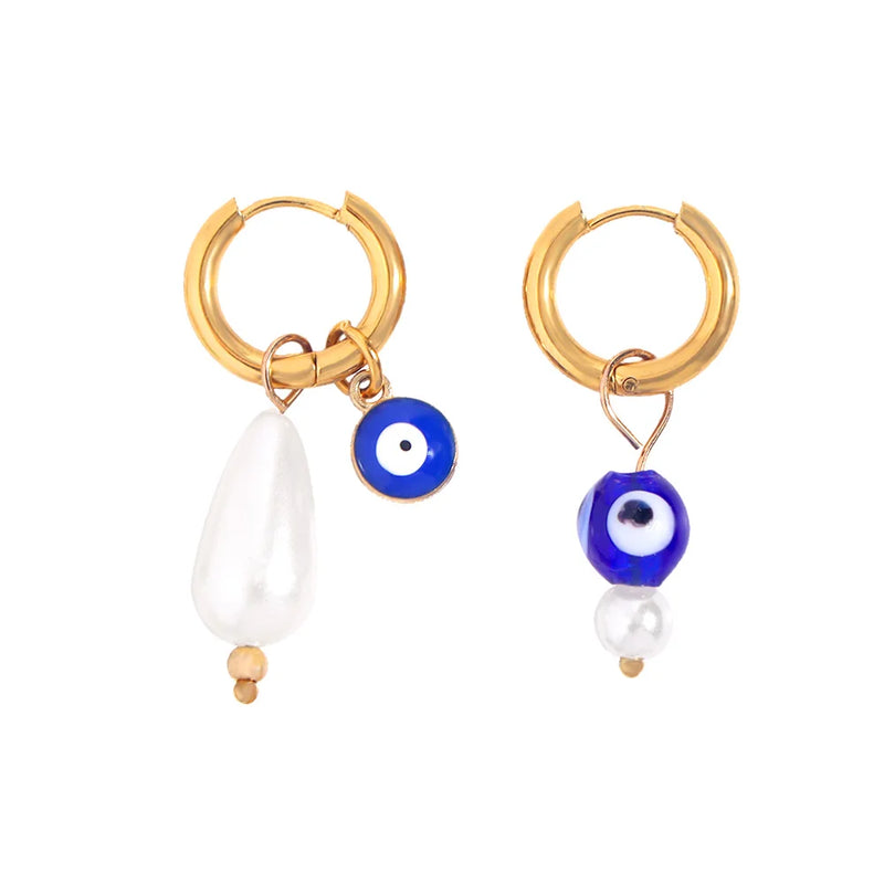 Evil Eye Stainless Steel Earrings for Women Asymmetry Pearl Round Hoop Earring