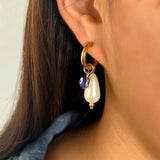 Evil Eye Stainless Steel Earrings for Women Asymmetry Pearl Round Hoop Earring