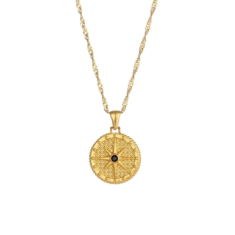 Zircon Compass Pendant Necklace Stainless Steel Jewelry Gift