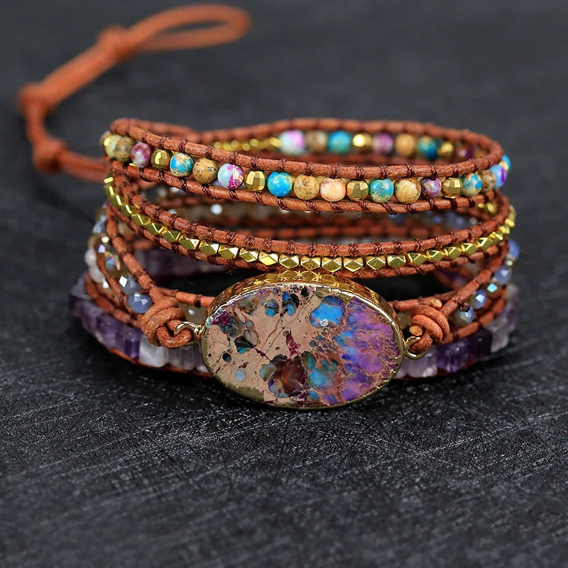 Mixed Stone Charm Wrap Bracelet Boho Gift