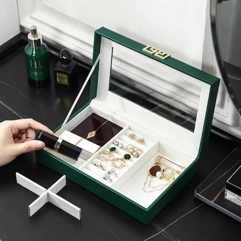 Portable Jewelry Box Green Leather Storage Jewelers