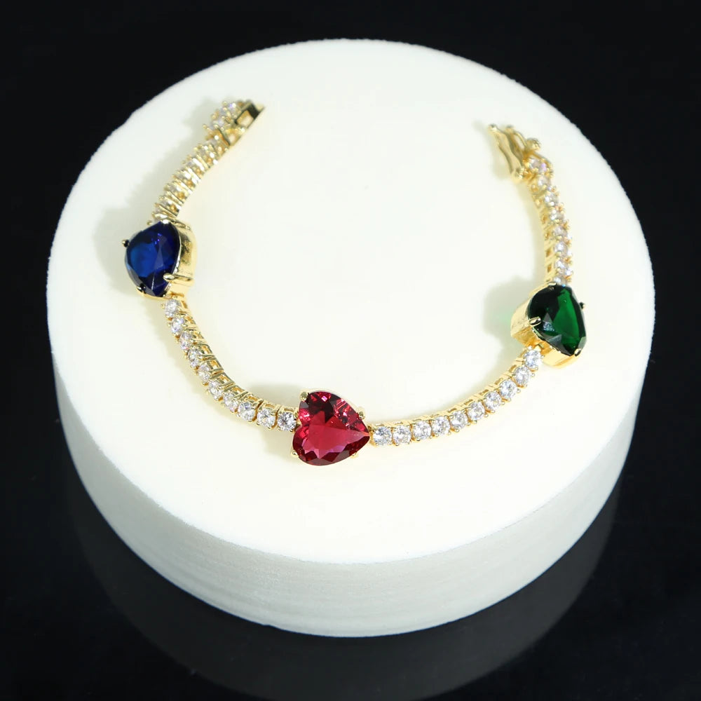 Colorful Heart Stone 5A CZ Tennis Chain Bracelet