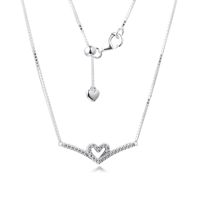 Sparkling Wishbone Heart Collier Necklace 925 Sterling Silver Jewelry