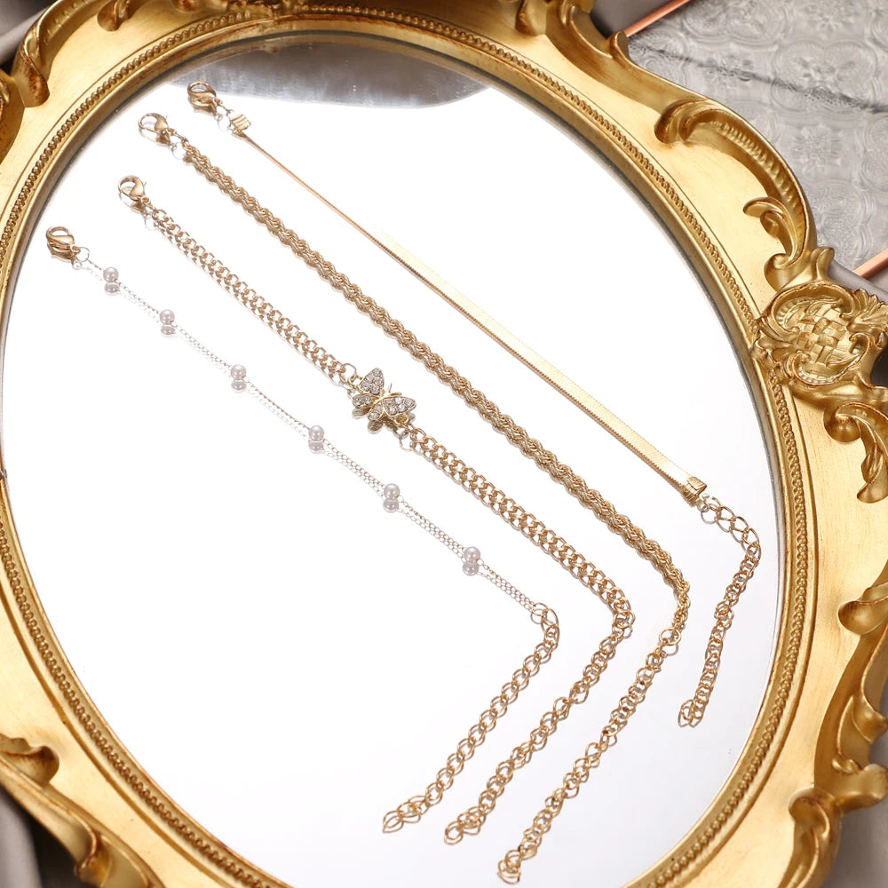 Vintage Crystal Butterfly Pearl Multilayer Anklet for Women