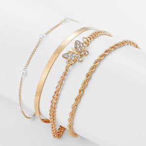 Vintage Crystal Butterfly Pearl Multilayer Anklet for Women