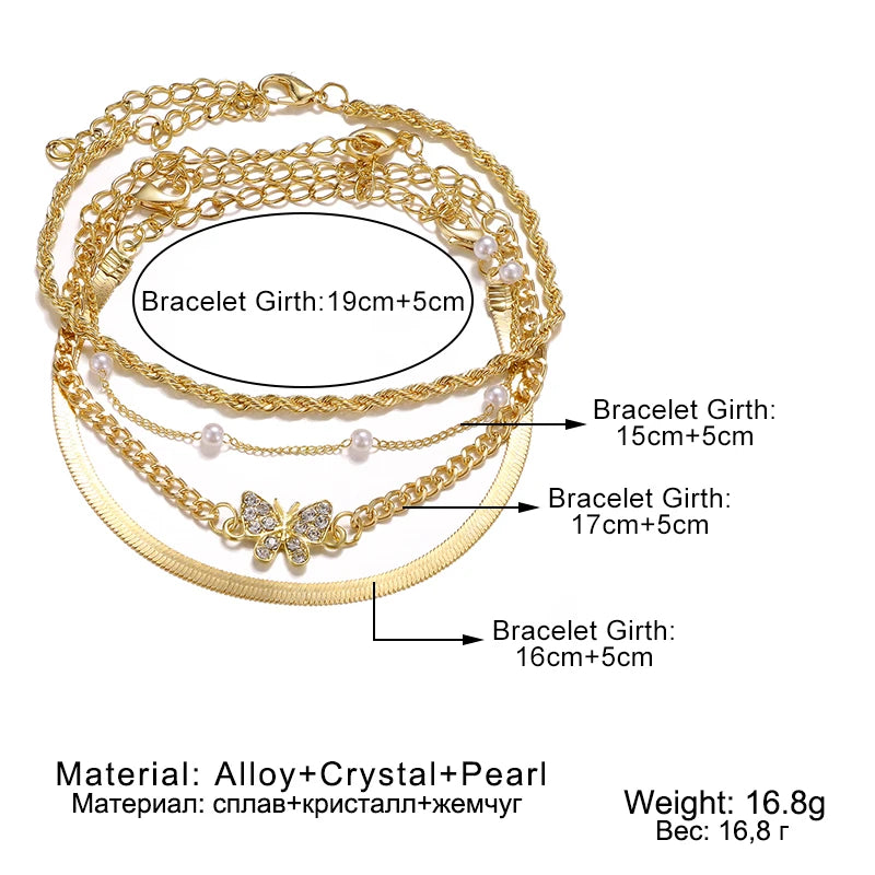 Vintage Crystal Butterfly Pearl Multilayer Anklet for Women