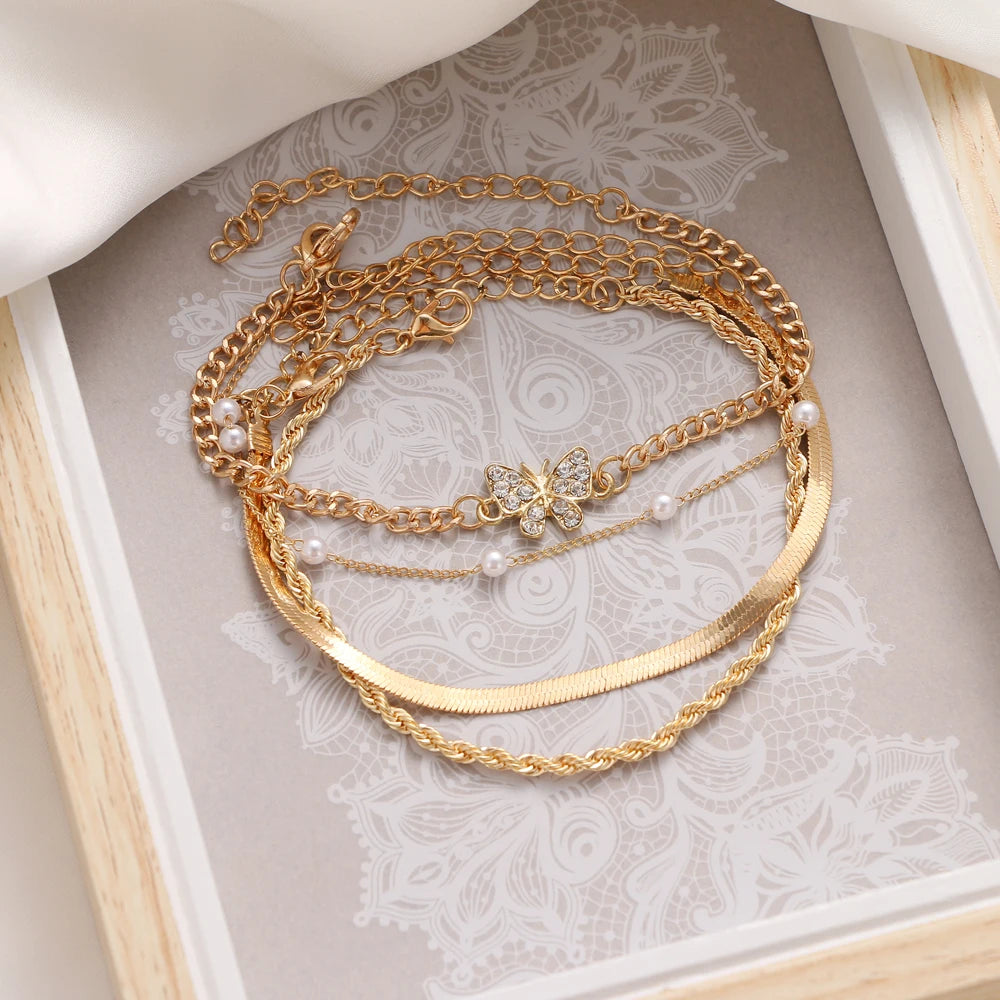 Vintage Crystal Butterfly Pearl Multilayer Anklet for Women
