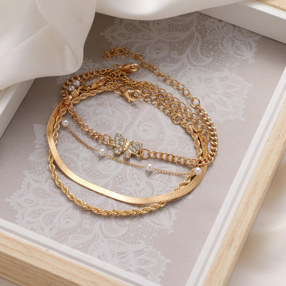 Vintage Crystal Butterfly Pearl Multilayer Anklet for Women