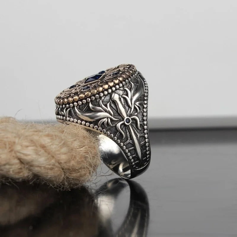 Vintage Ethnic Hand-carved Signet Rings Two-tone Geometric Pattern Ring