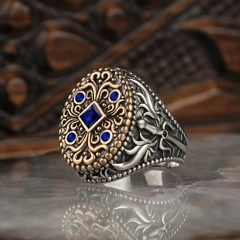 Vintage Ethnic Hand-carved Signet Rings Two-tone Geometric Pattern Ring