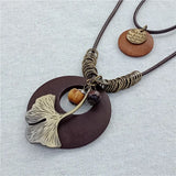 Vintage Multilayer Leaf Charm Pendant Wood Necklace