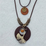 Vintage Multilayer Leaf Charm Pendant Wood Necklace