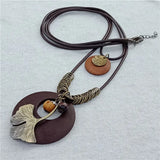 Vintage Multilayer Leaf Charm Pendant Wood Necklace