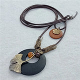 Vintage Multilayer Leaf Charm Pendant Wood Necklace