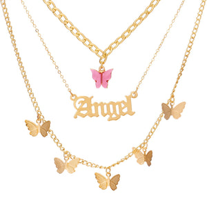 Vintage Butterfly Choker Necklace Layered Golden Chain