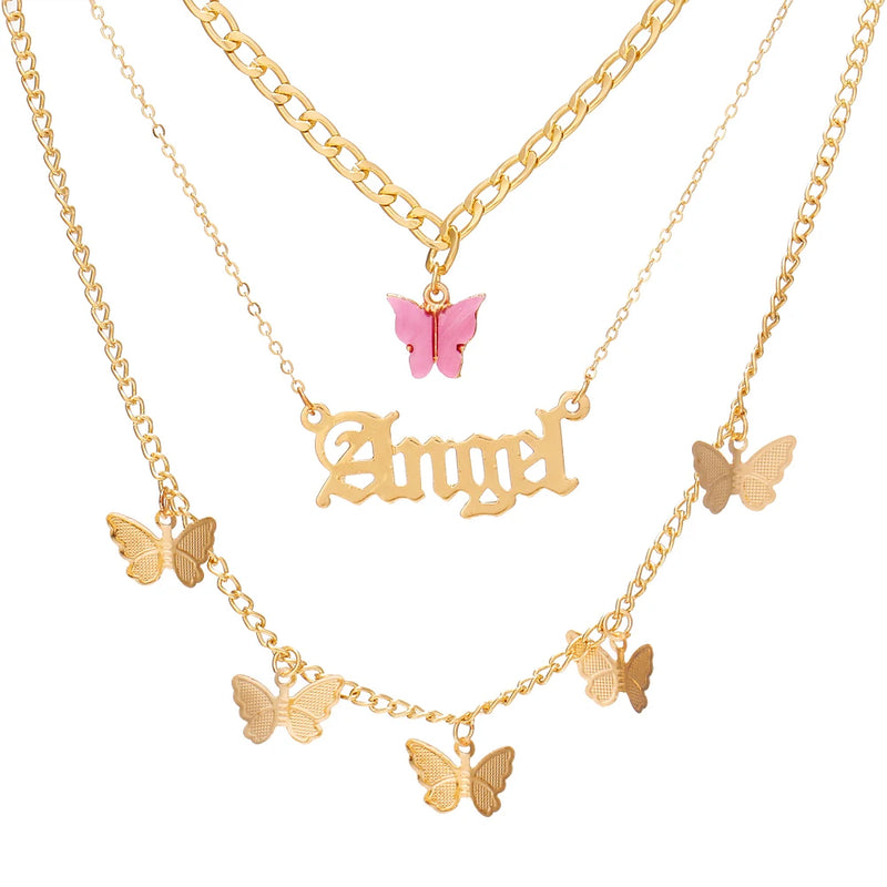 Vintage Butterfly Choker Necklace Layered Golden Chain