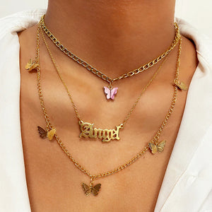 Vintage Butterfly Choker Necklace Layered Golden Chain